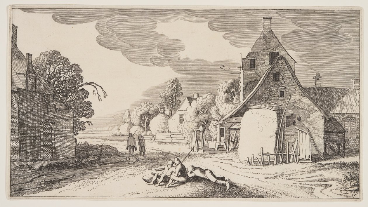 Three Peasants Resting at a Crossroad in a Village, from Landscapes by Claes Jansz. Visscher II