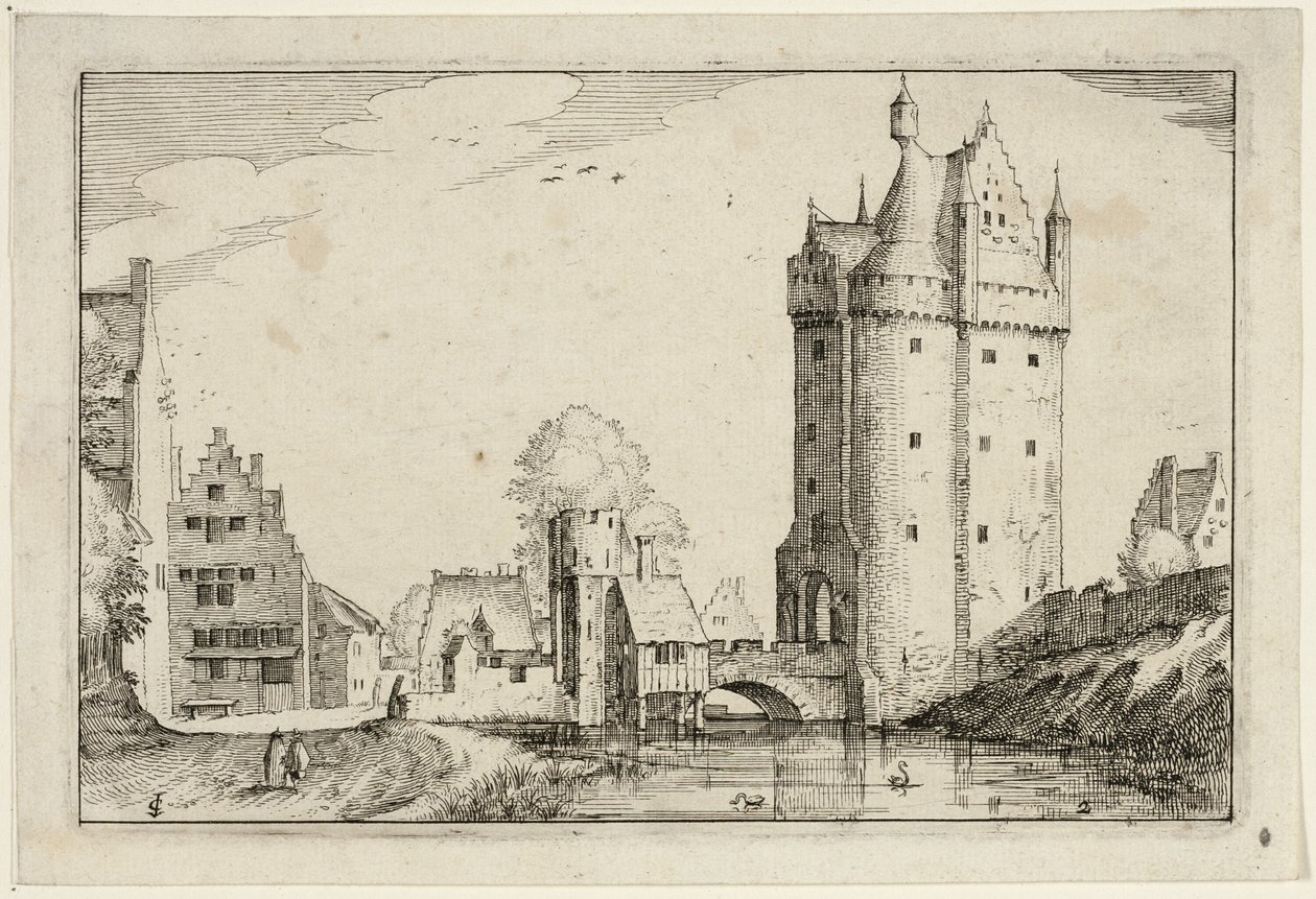 Town Gate, plate two after Pictures of Farms, Country Houses and Rustic Villages by Claes Jansz. Visscher II