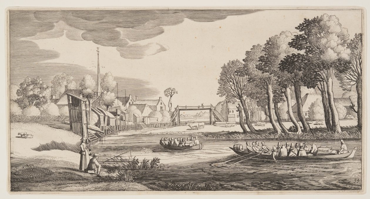 Travellers in Row-Boats approaching a Village, from Landscapes (Playsante Lantschappen) by Claes Jansz. Visscher II
