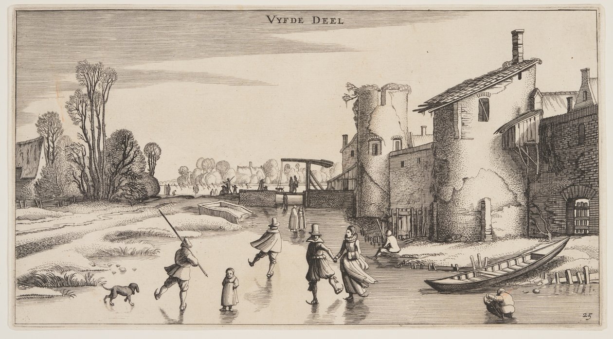 Winter Landscape with Skaters Along a Town-Wall, from Landscapes by Claes Jansz. Visscher II
