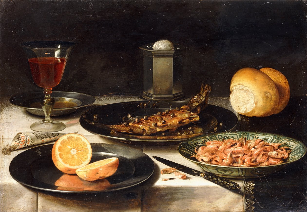 A Herring with Capers and a Sliced Orange on Plates and a Bowl of Shrimp on a Table by Charlotte Evans