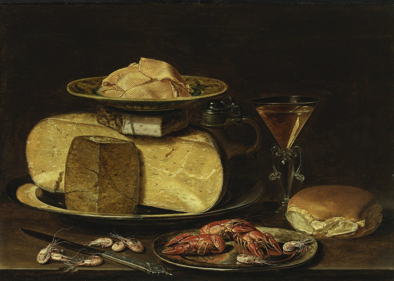 Still Life with Cheeses, Glass à la façon de Venise and Crayfish on a Pewter Plate by Charlotte Evans