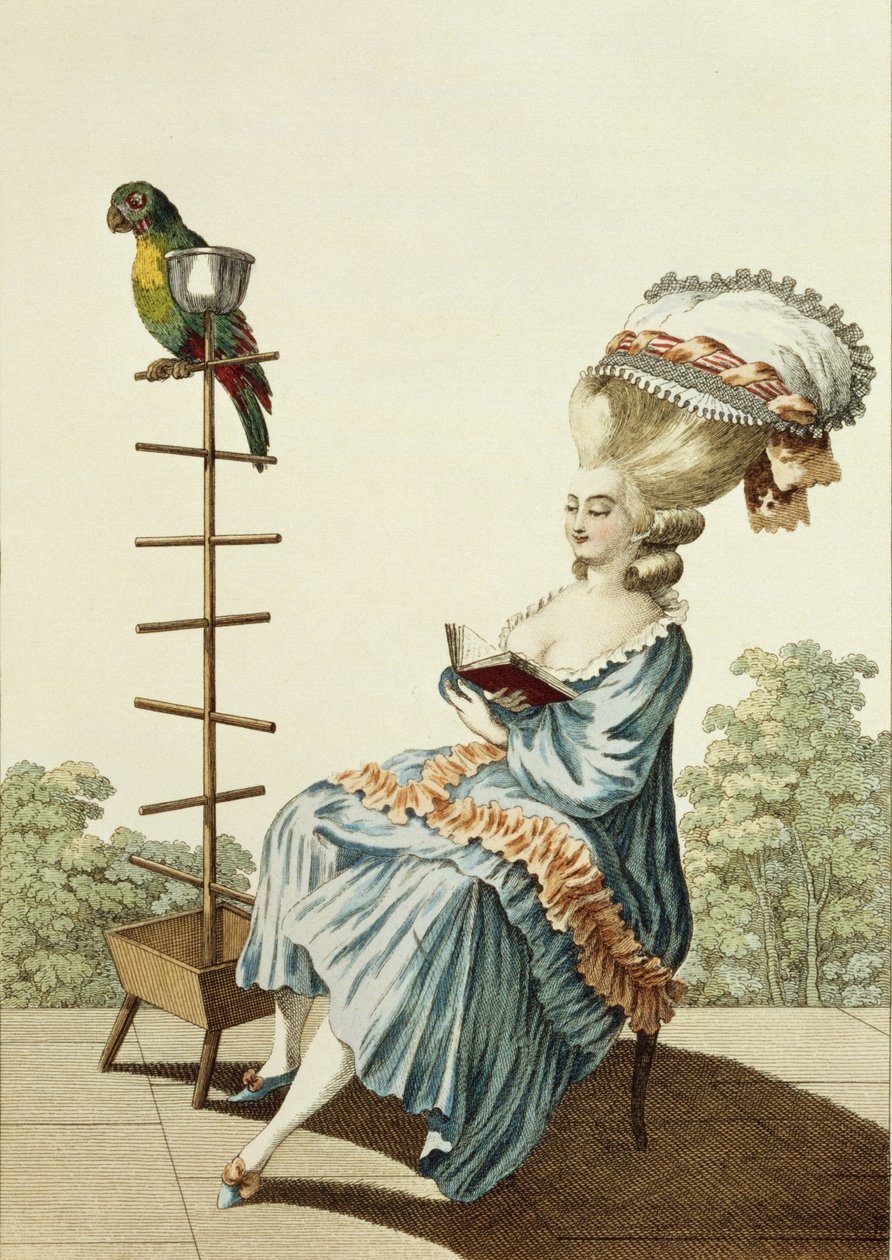 Young woman reading in a day dress with an elaborate hairstyle and bonnet, plate 20 from 