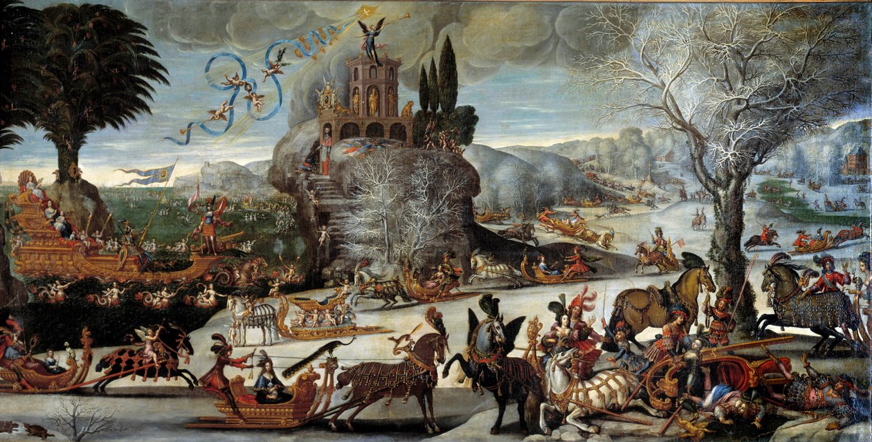 The four elements: Water. Scene of winter landscape, King Louis XIII is represented as Neptune, Anne of Austria as Amphitrite, Prince and future King Louis XIV on a boat by Claude Deruet