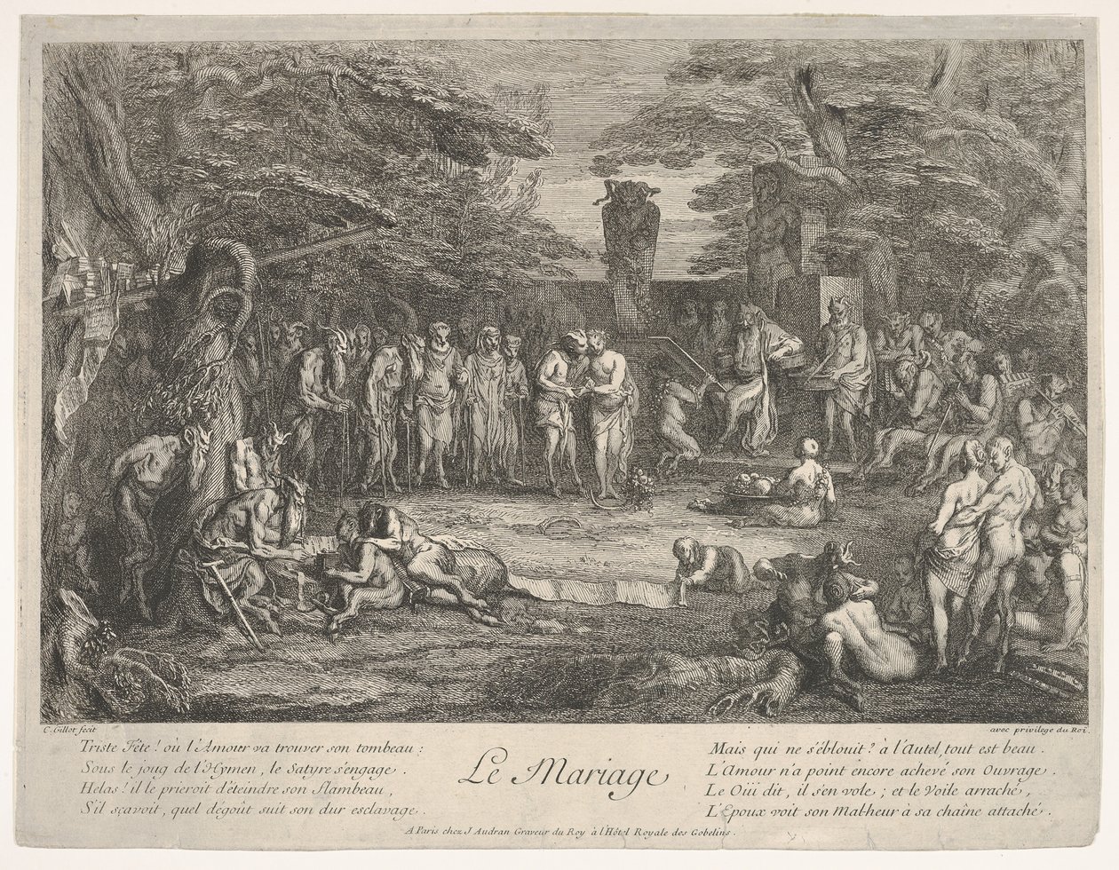 The Marriage: In a Forest, an Old Satyr Marries the Betrothed in Center by Claude Gillot