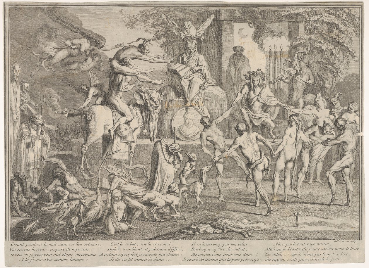 Witches Sabbath, within a nocturnal landscape, a necromancer seated at top center by Claude Gillot
