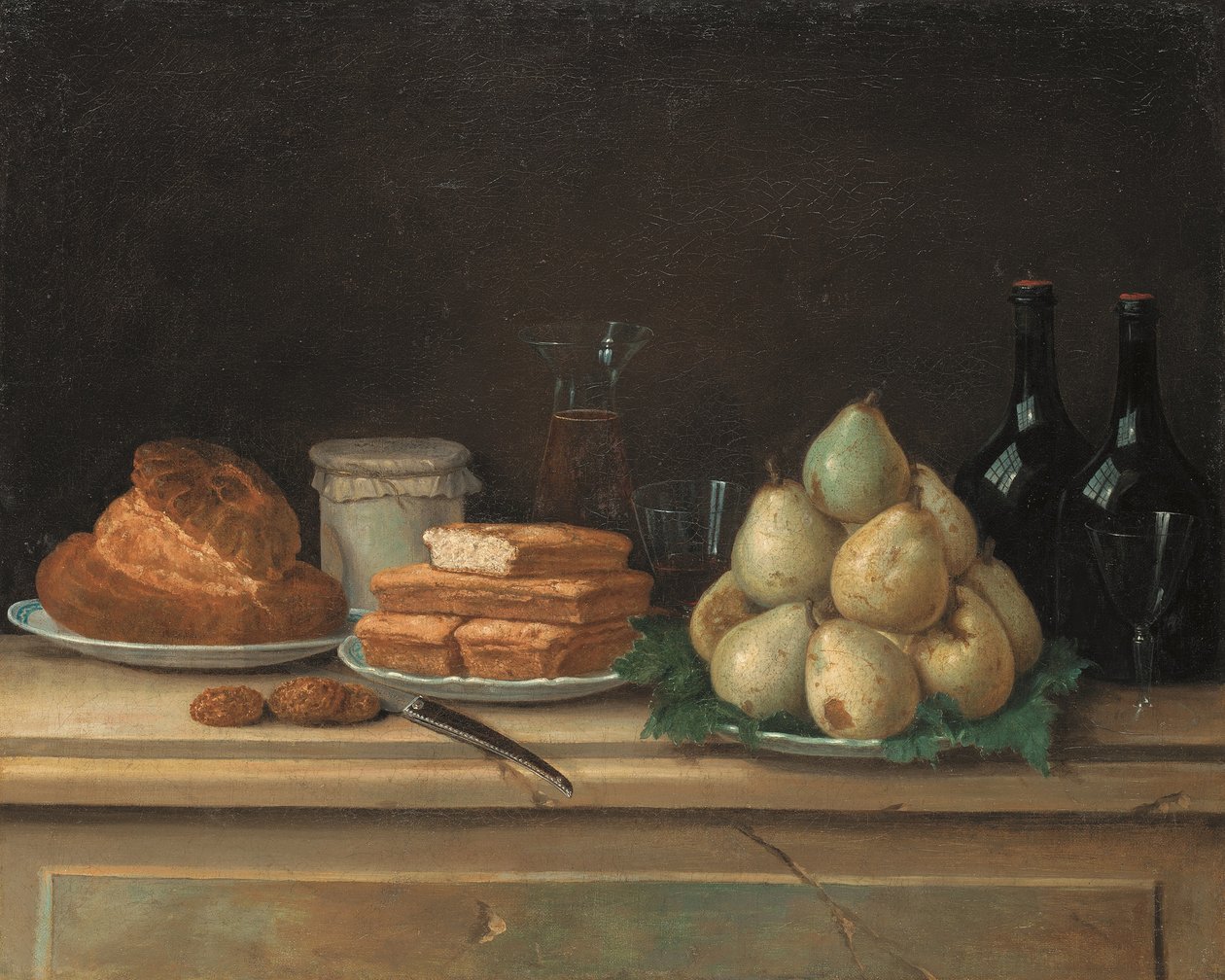Pears and Bread on Plates, with Bottles of Wine and Glasses on a Stone Ledge by Claude Joseph Fraichot