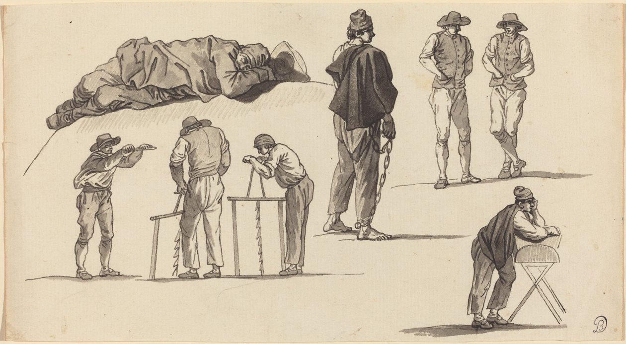 Figure Studies, Including One Man Sleeping on the Ground and Two Men Sawing by Claude Joseph Vernet