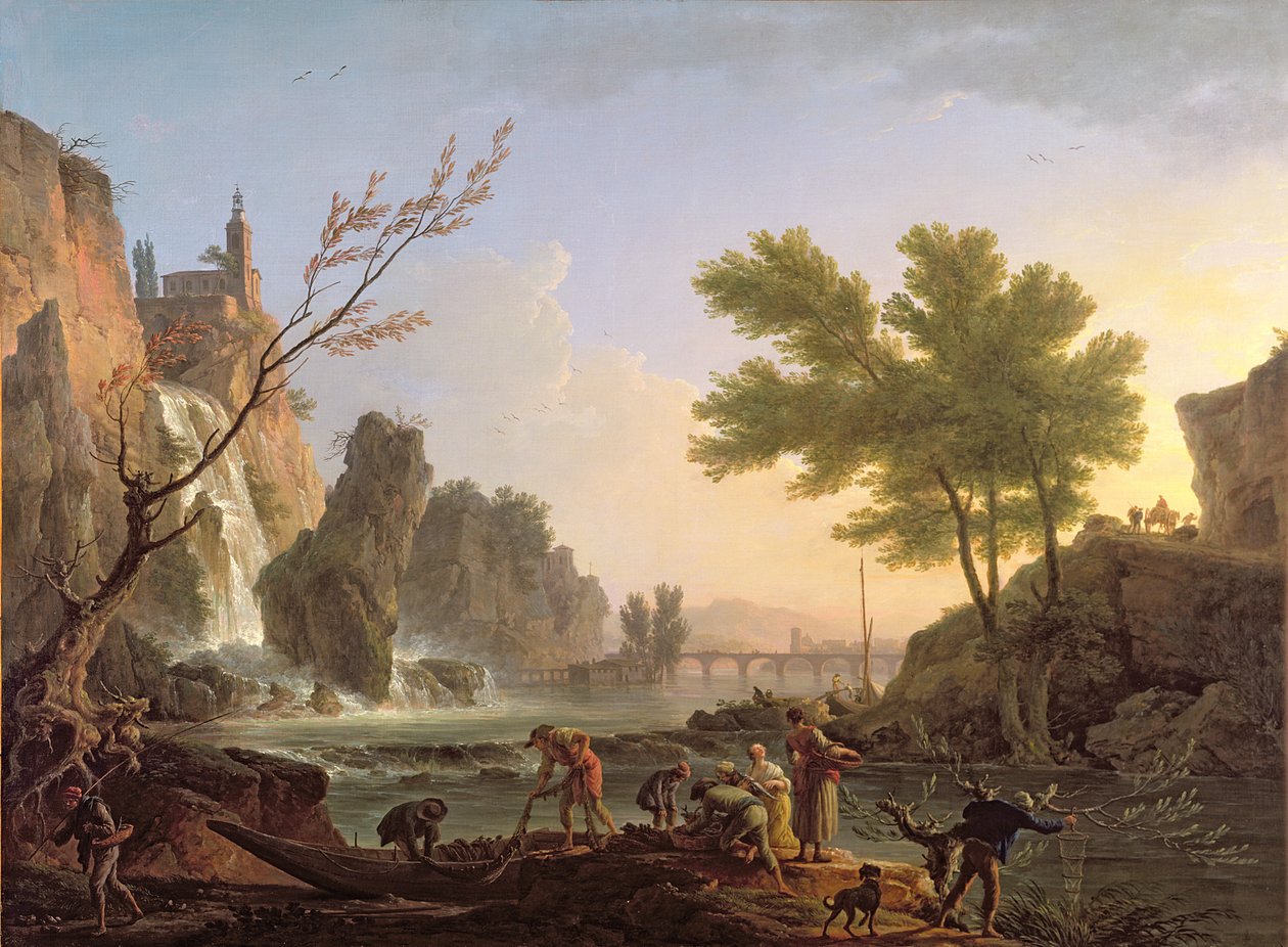 Fisherman in a Landscape with a Cascade and a Bridge by Claude Joseph Vernet