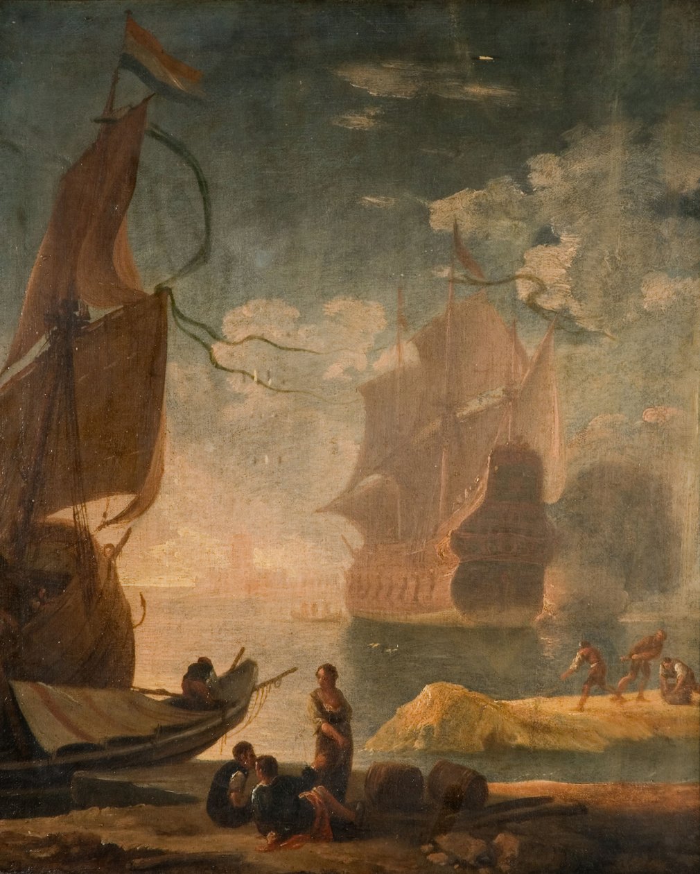 Harbour Scene With Man-Of-War And Figures On A Quay by Claude Joseph Vernet