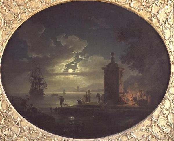 Night: A Moonlit Coastal Landscape with Fisherfolk by a Fire on a Quay, a Man of War Beyond by Claude Joseph Vernet