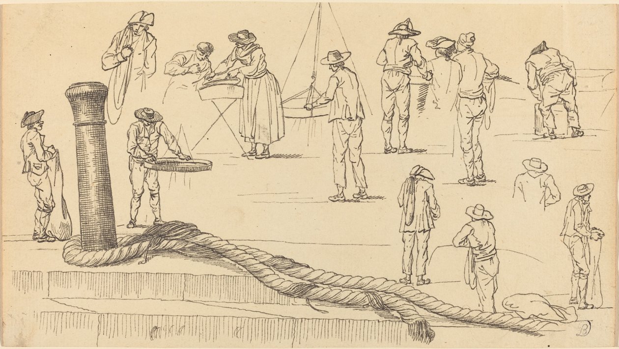 Quayside Figures and a Length of Rope Attached to a Bollard by Claude Joseph Vernet