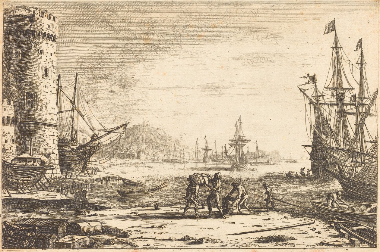 Harbor with a Large Tower by Claude Lorrain