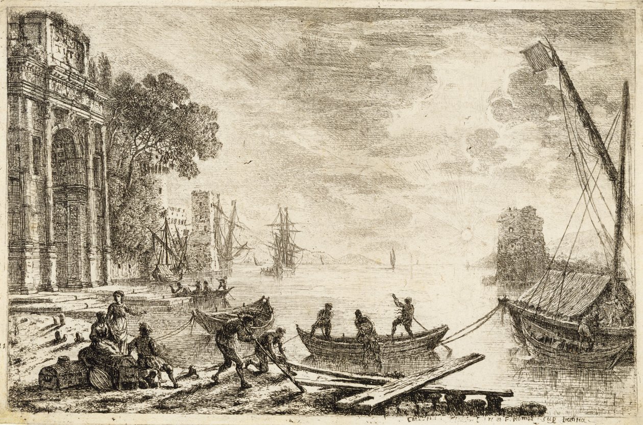 Harbour Scene With Rising Sun by Claude Lorrain