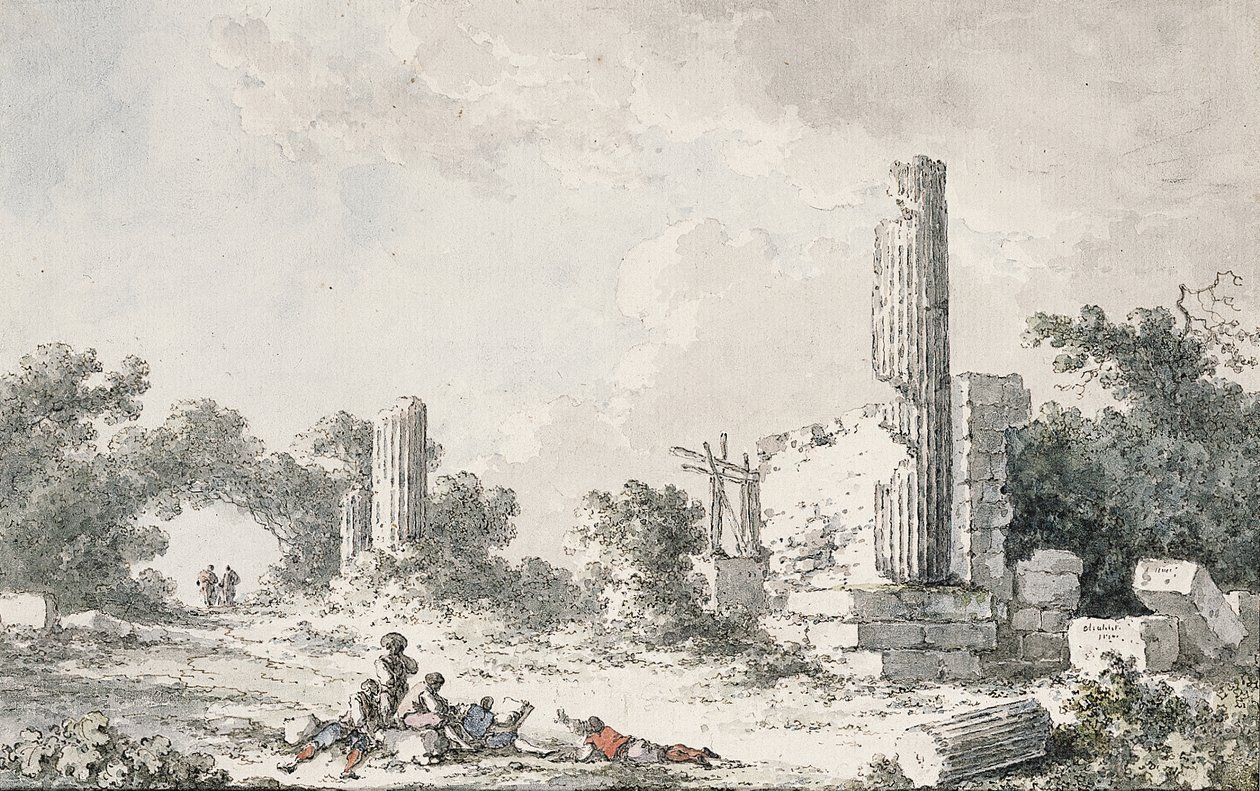 The ruins of the Temple of Castor and Pollux, Agrigento, with artists sketching by Claude Louis Chatelet