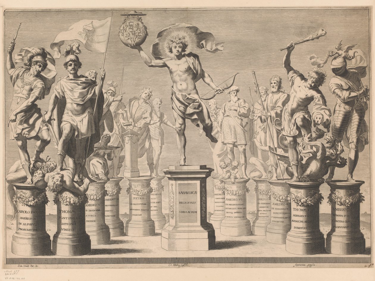 Allegory in Honor of the House of Savoy with Legendary Figures on Pedestals by Claude Mellan