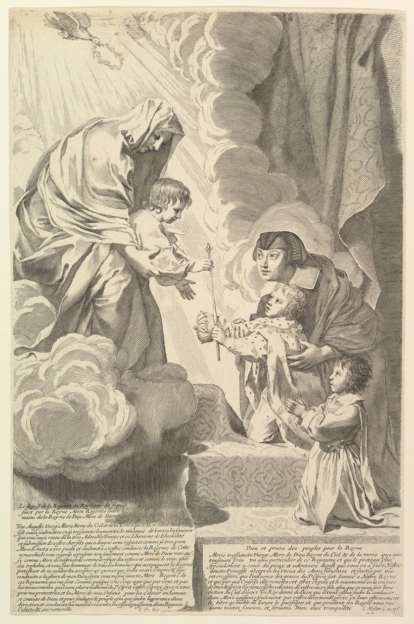 Anne of Austria with the Young Louis XIV and Monsieur before the Virgin and Child by Claude Mellan