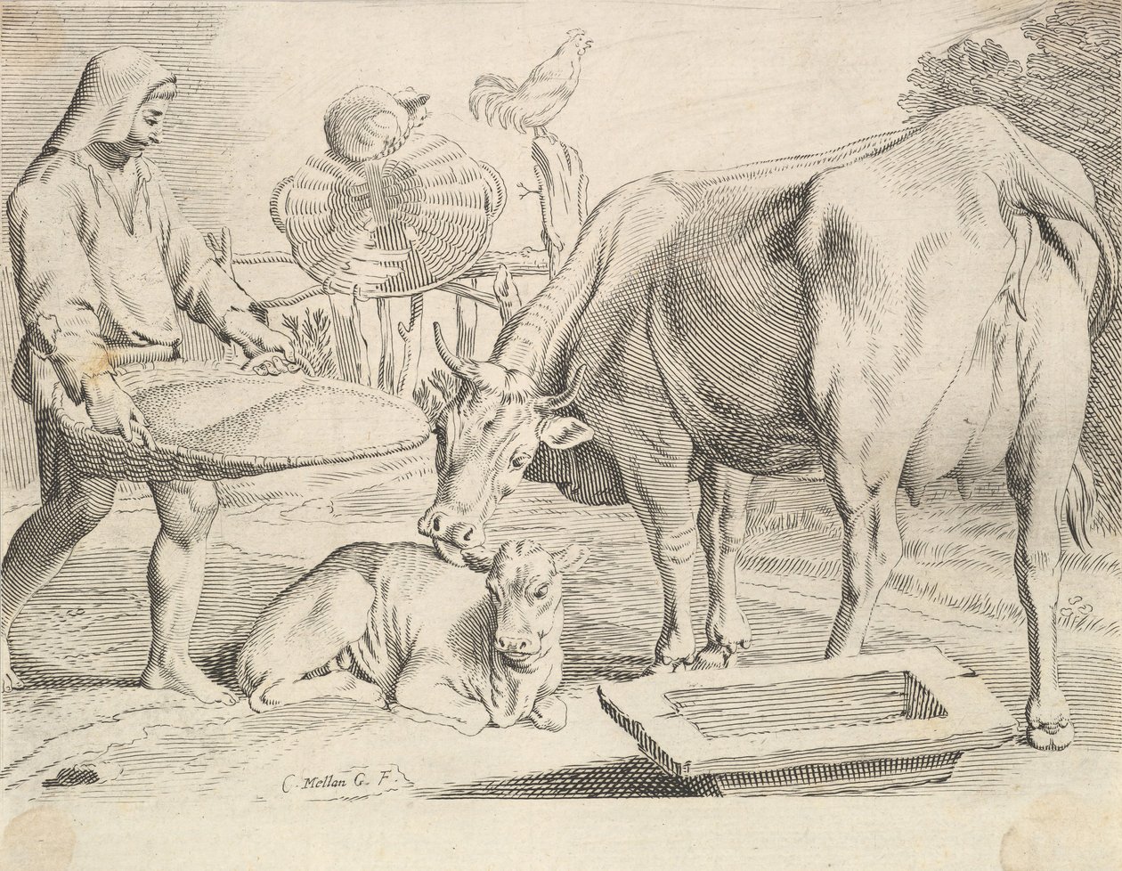Country Scene with a Peasant, Cow and Calf by Claude Mellan