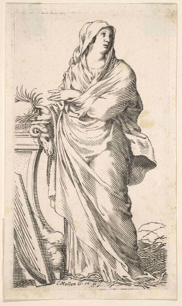 Robed Woman Standing Next to a Plinth, Her Right Hand Bears a Palm Branch, a Harp by Claude Mellan