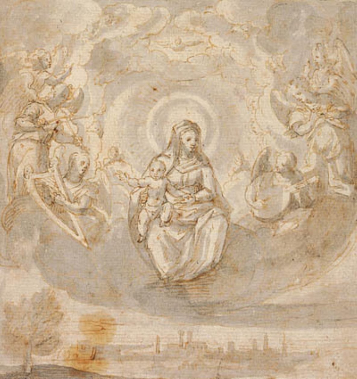 Virgin Mary with the Christ Child, Sitting on Clouds Surrounded by Angels by Claudio Ridolfi
