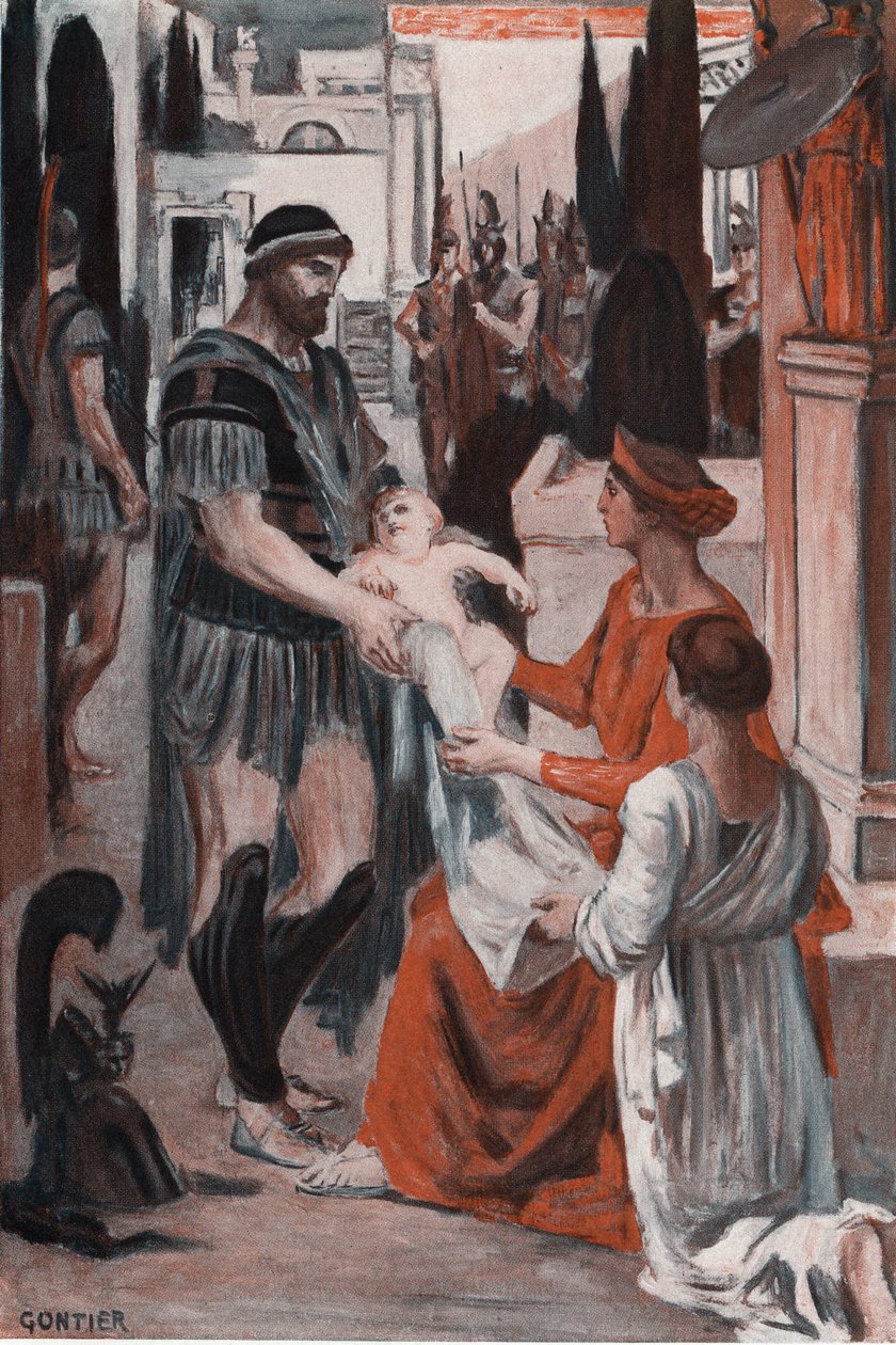 Hector and Andromaque Farewell. Illustration by Clement Gontier for Homer
