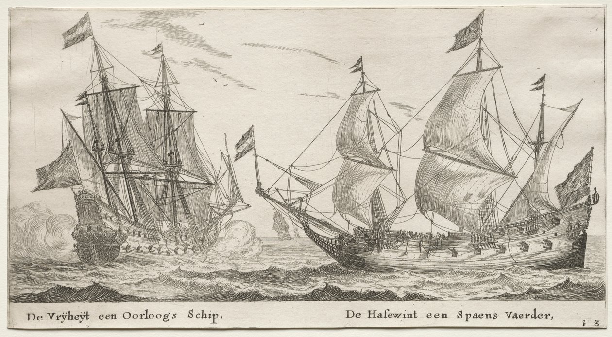 Various Ships and Views of Amsterdam (Verscheÿde Schepen en Gesichten van Amstelredam), Part II: The Freedom, a Man-of-War. The Wolf Hound, a Spanish Vessel by Clement de Jonghe