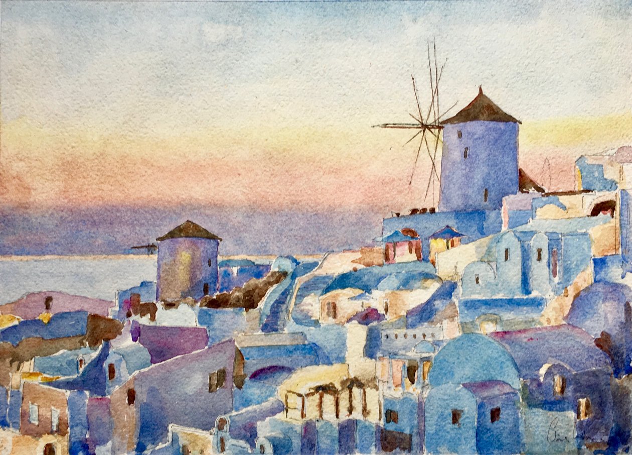 Santorini Oia – Sunset, Lighting-Up Time by Clive Wilson