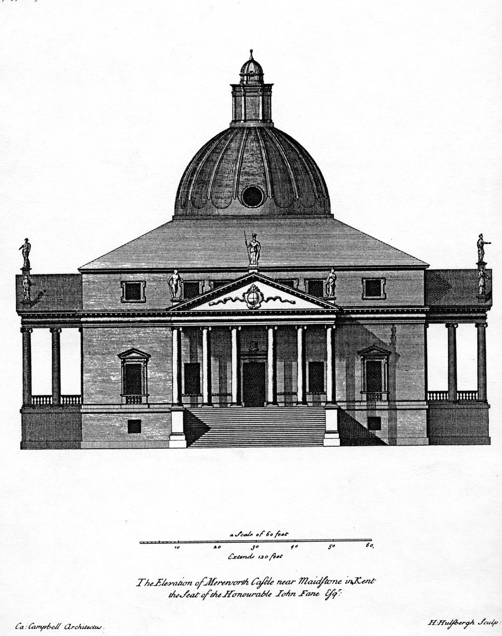 Elevation of Mereworth Castle (engraved by H. Hulsbergh, c.1722-24) by Colen Campbell