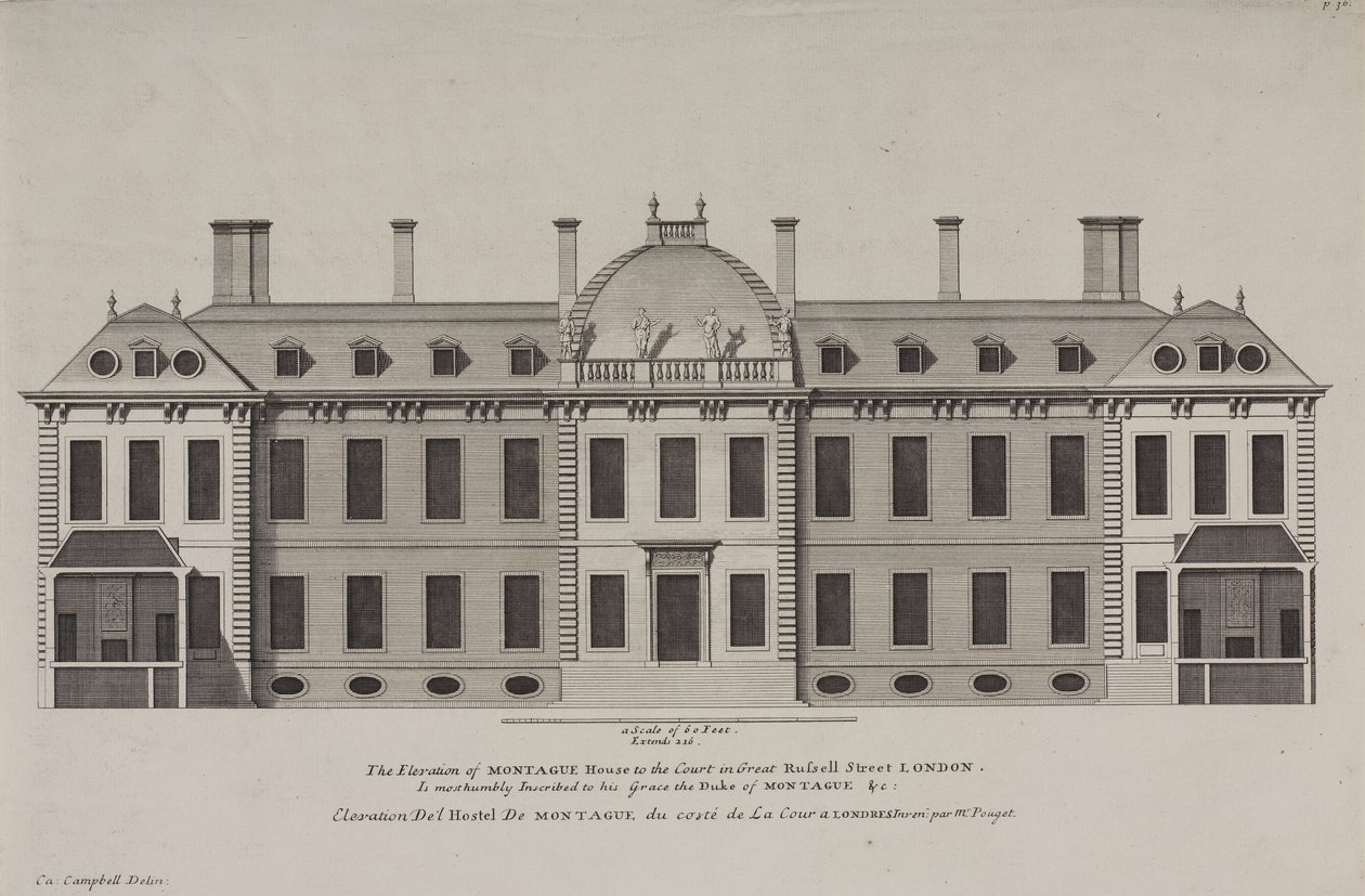 Elevation of Montague House to the court of Great Russell Street, Holborn, c.1725 (engraving) by Colen Campbell