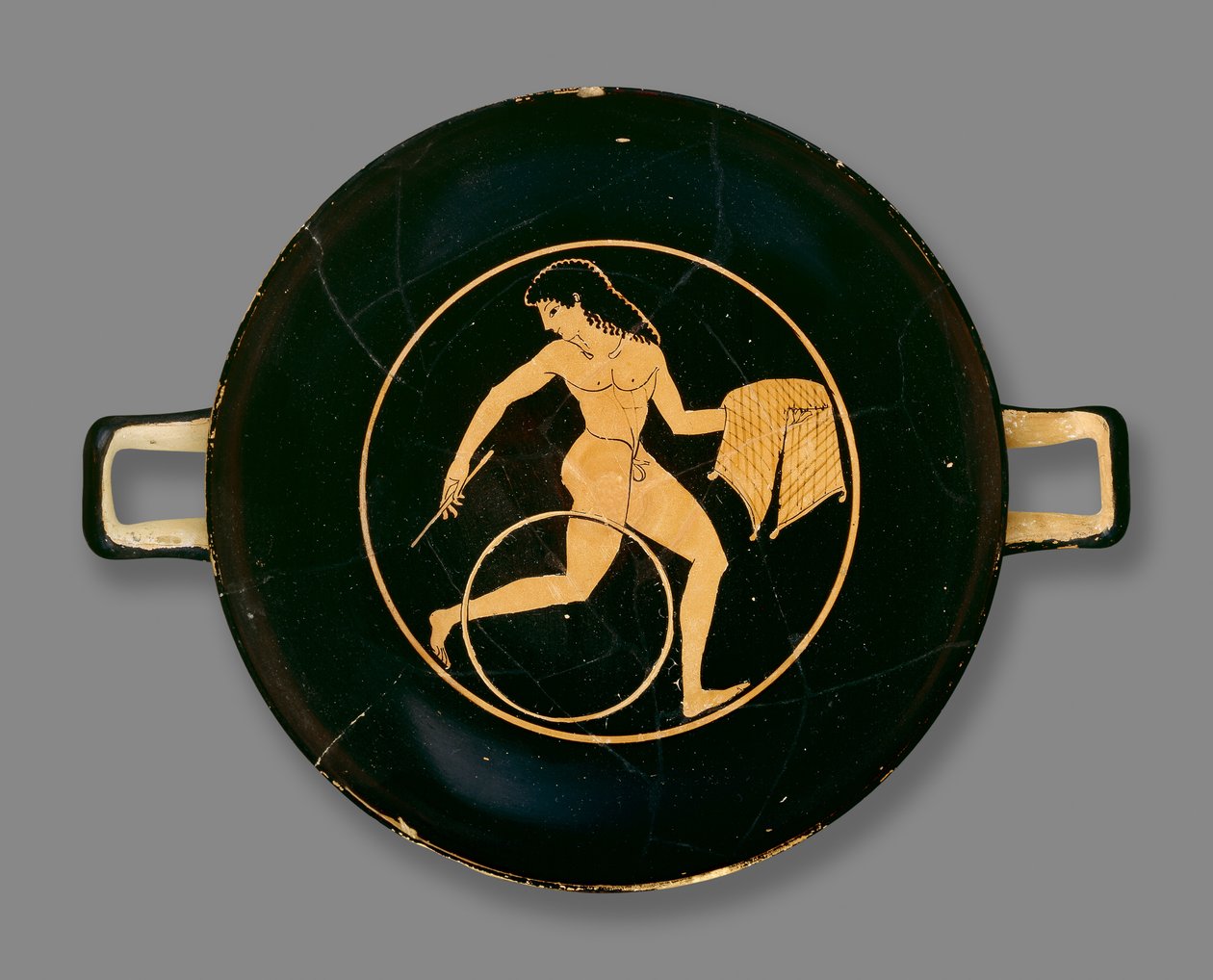 Attic Red-Figure Cup Decorated with a Boy Carrying a Plate of Food and Rolling a Hoop by Colmar Painter