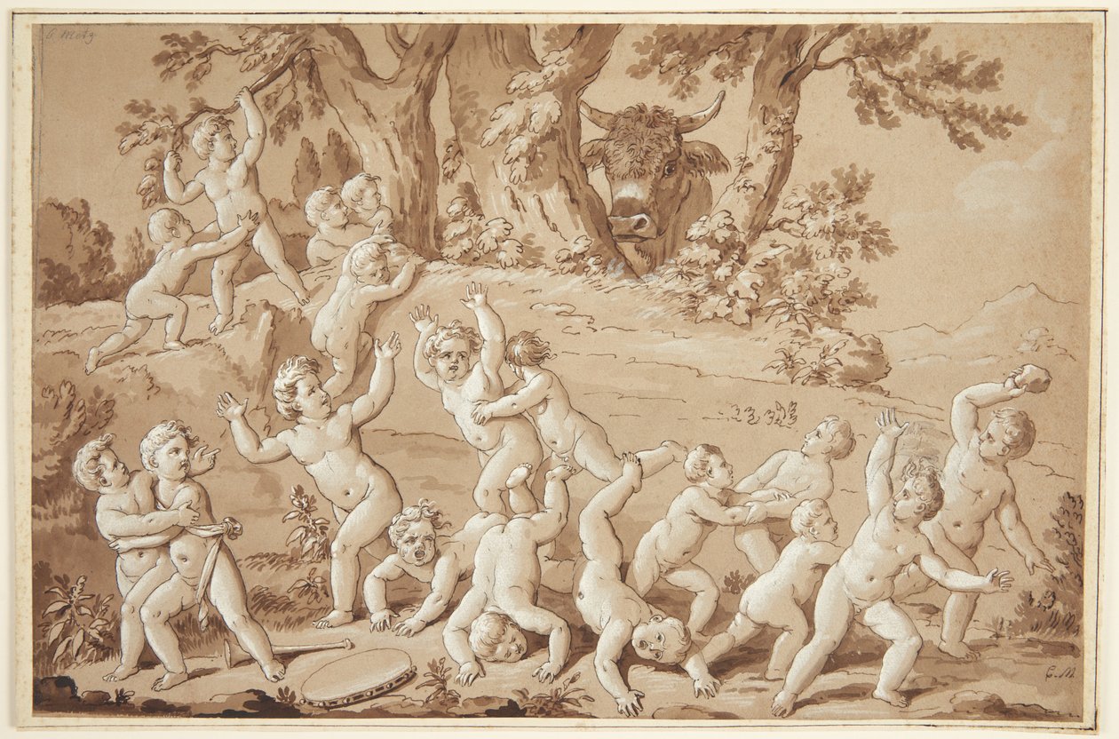 A Large Group of Putti Plunged into Terror by the Arrival of a Bull by Conrad Martin Metz
