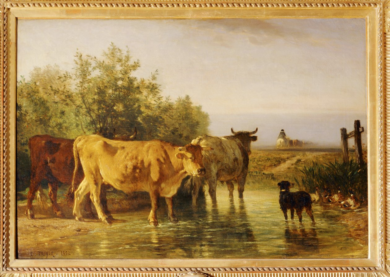 Herd passing the ford by Constant Emile Troyon