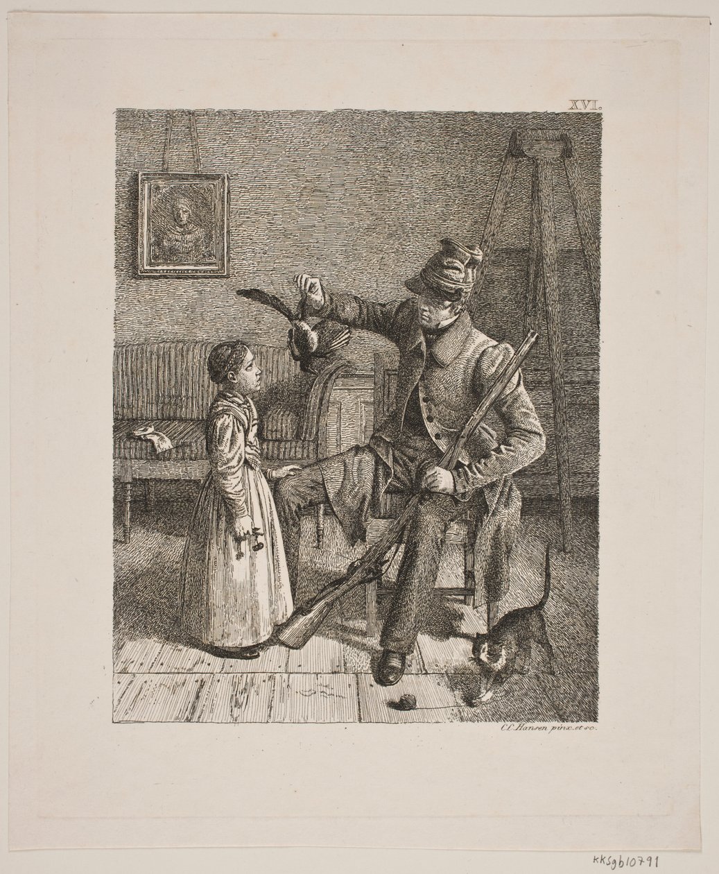 A hunter showing a little girl his catch by Constantin Hansen