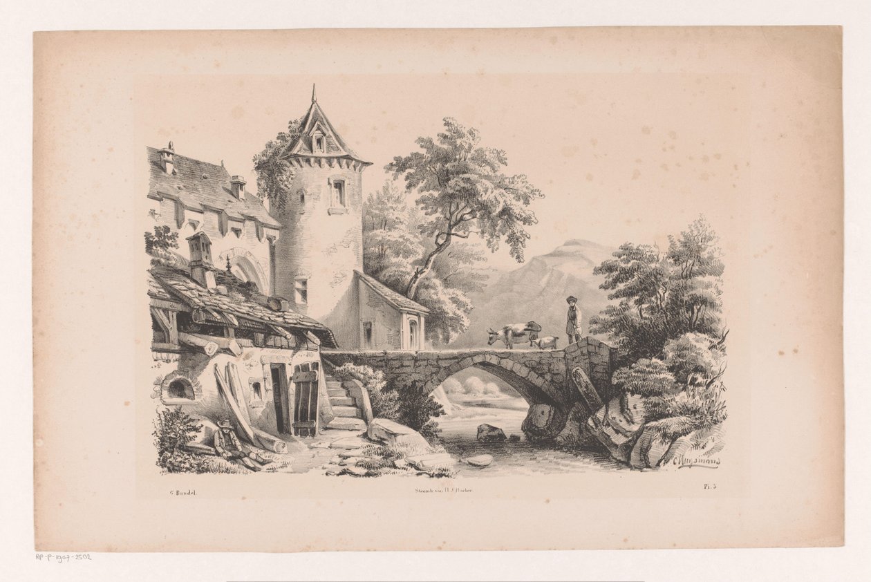 Houses and Bridge in Mountain Landscape by Constantinus Cornelis Huysmans