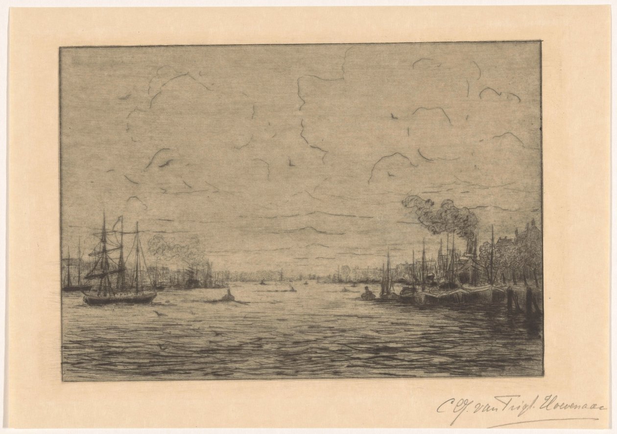 View of the Maas near Rotterdam by Cornelia Christina Johanna van Trigt Hoevenaar (signed by artist)