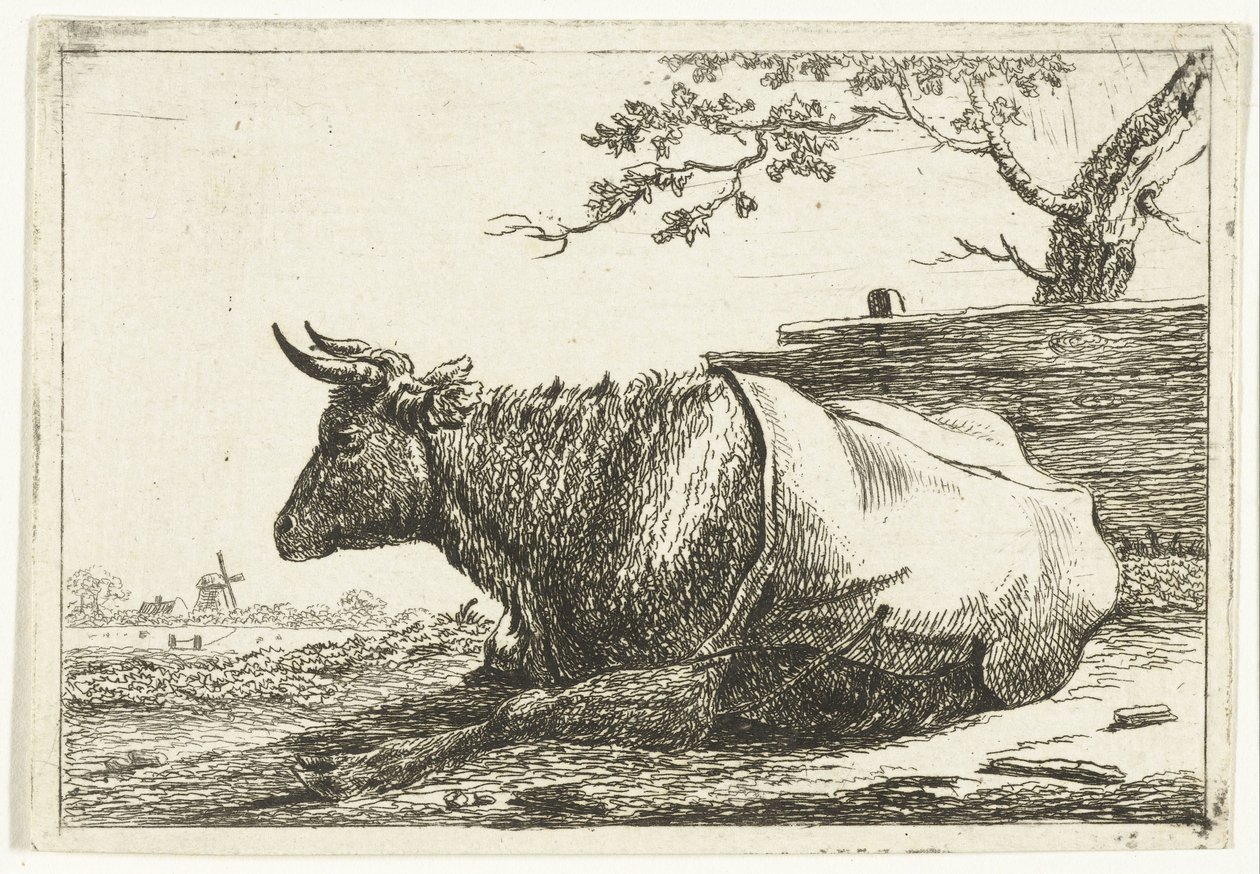 Landscape with Lying Cow with Blanket on Back by Cornelis  Bisschop