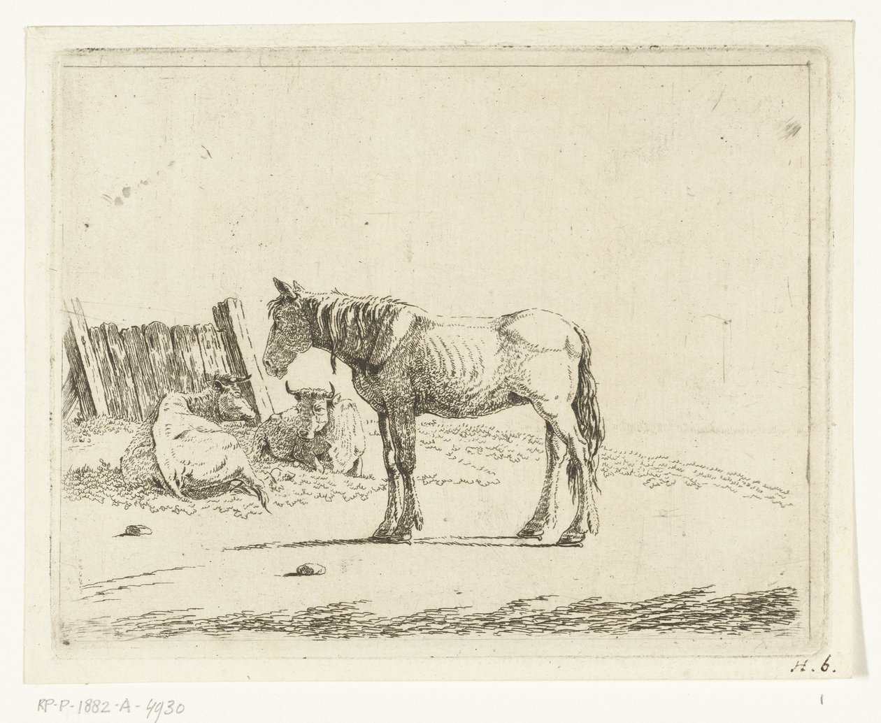 Landscape with Horse and Two Cows by a Fence by Cornelis  Bisschop