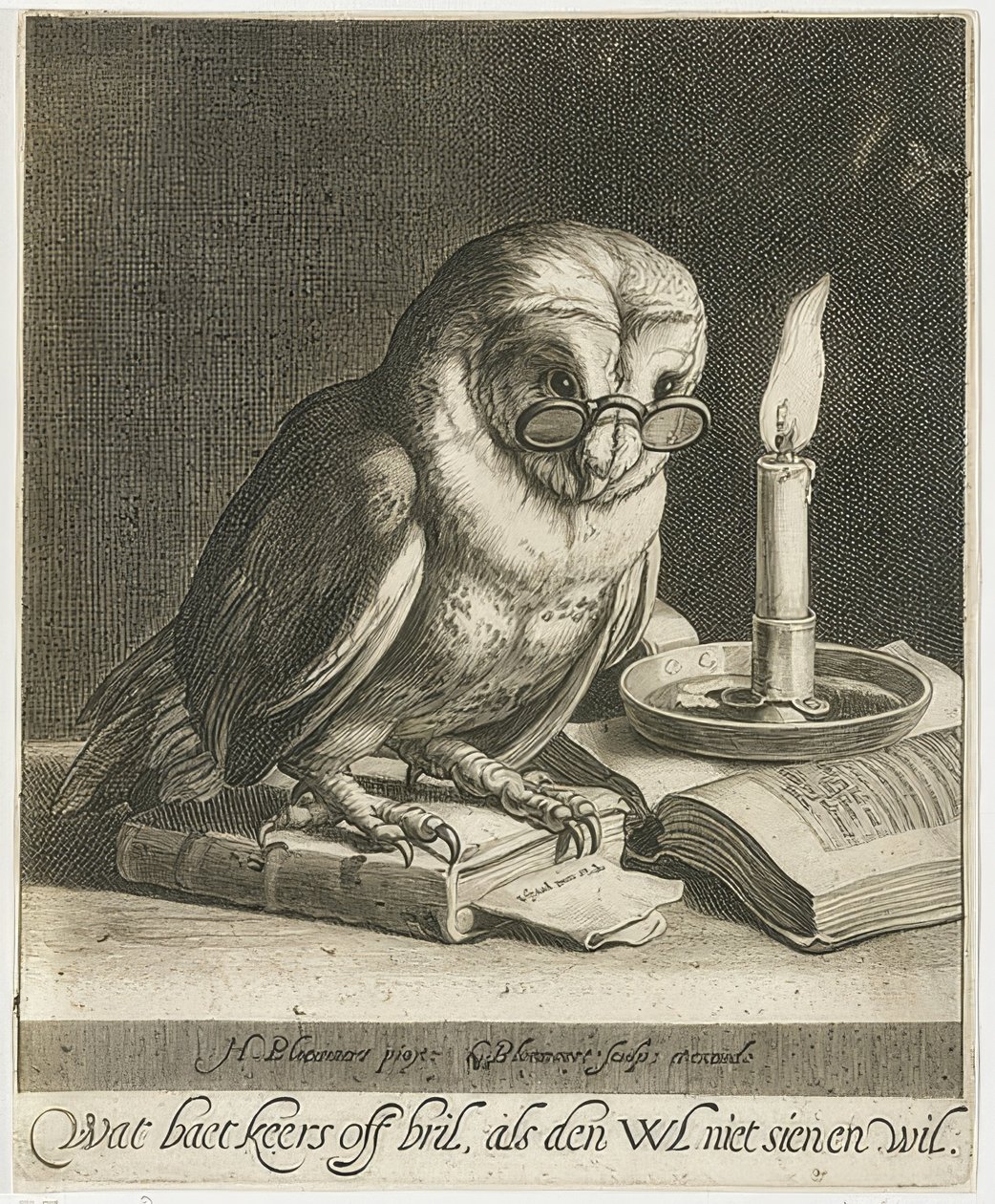 Owl with Glasses and Books. Around 1625 by Cornelis Bloemaert