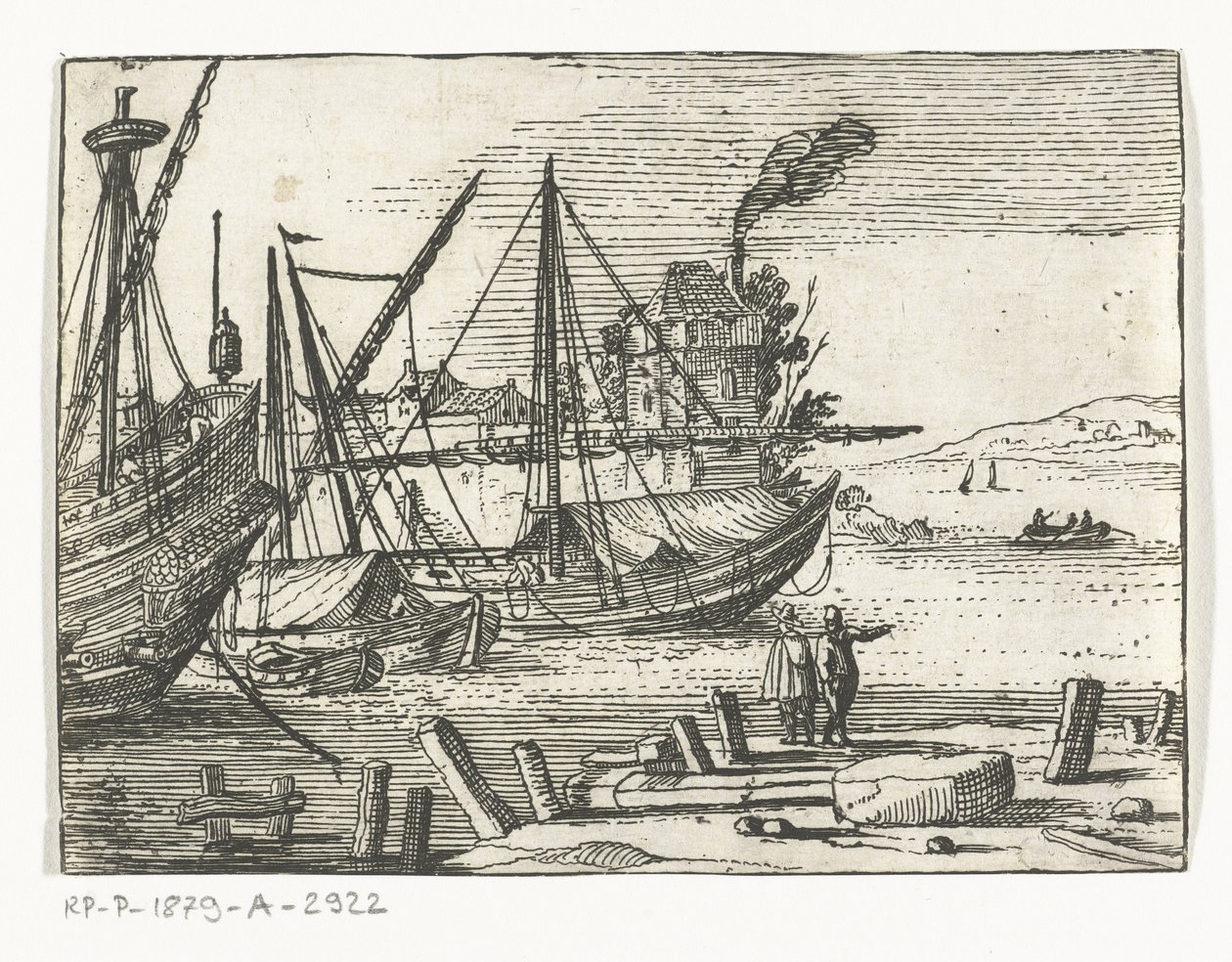 Harbor View with Two Sailing Ships and a Galleon, Two Men Standing on the Quay by Cornelis Bol (attributed to)
