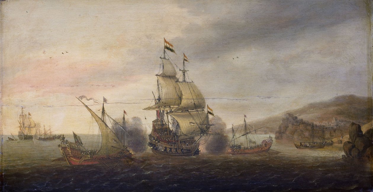 Naval Battle between Dutch Men-of-War and Spanish Galleys by Cornelis Bol