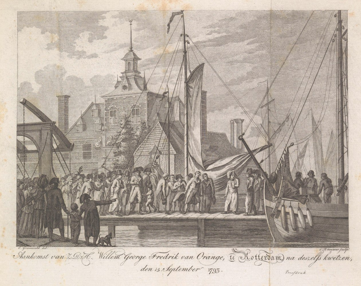 Arrival of the Wounded Prince Willem George Frederik in Rotterdam, 1793 (title on object: Arrival of Z.D.H. Willem George Fredrik van Oranje, in Rotterdam, after his injuries, September 15, 1793) by Cornelis Brouwer