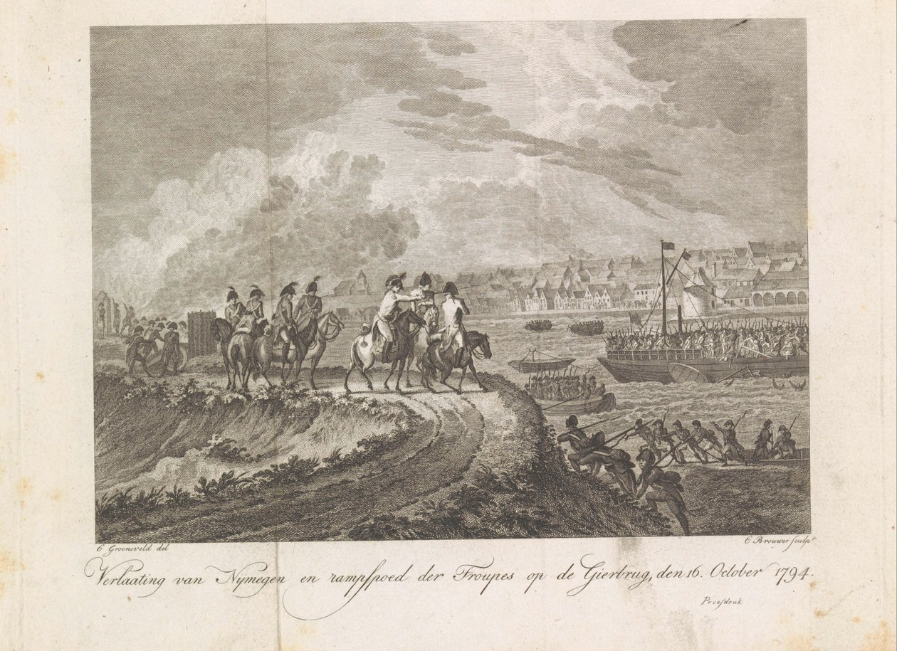 French Bombard the Retreating Troops on the Gier Bridge, 1794 by Cornelis Brouwer