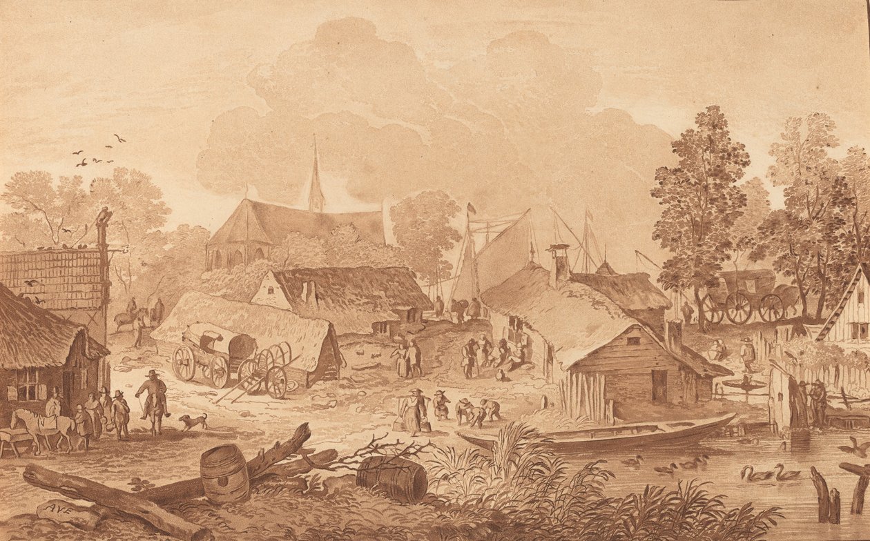 Village with Pond by Cornelis Brouwer