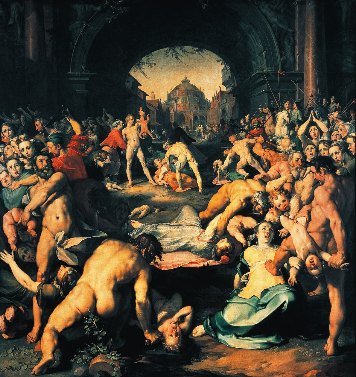 Massacre of innocents, central panel of triptych by Cornelis Cornelisz. van Haarlem