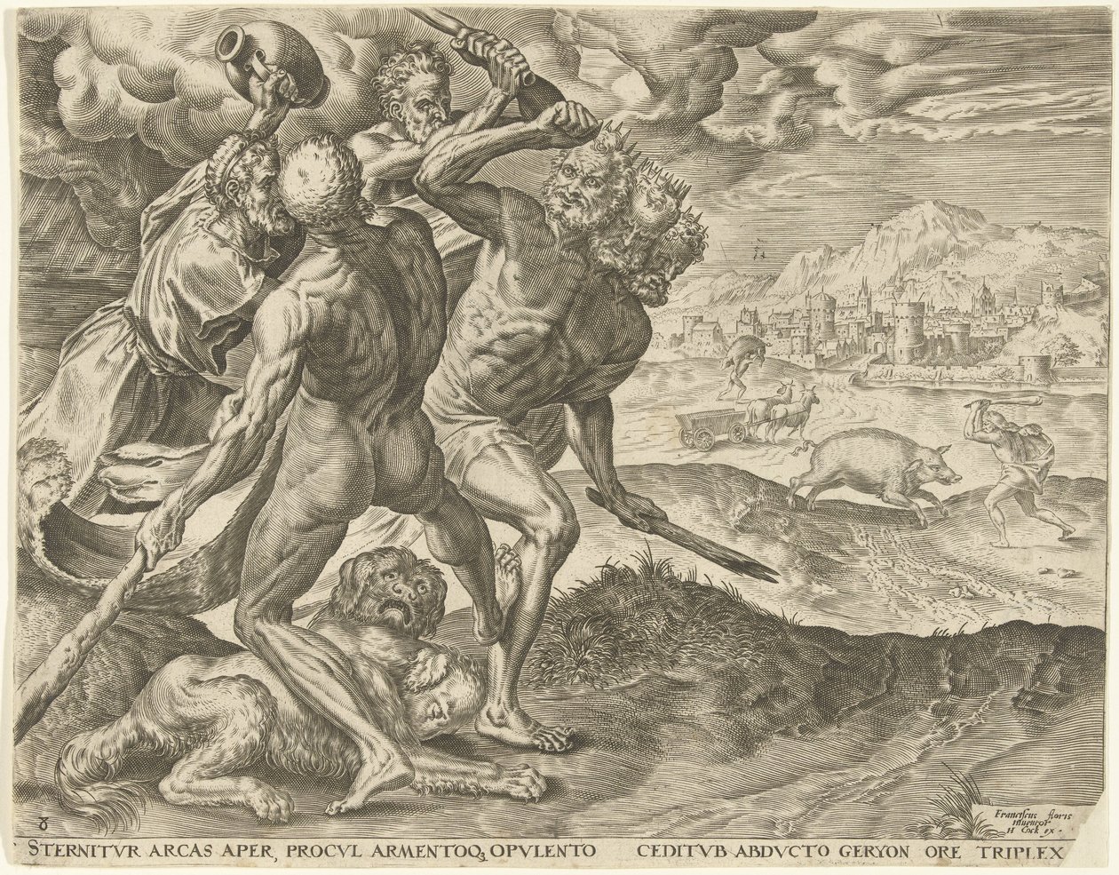Hercules Kills Geryon and His Dog (Works of Hercules) by Cornelis Cort