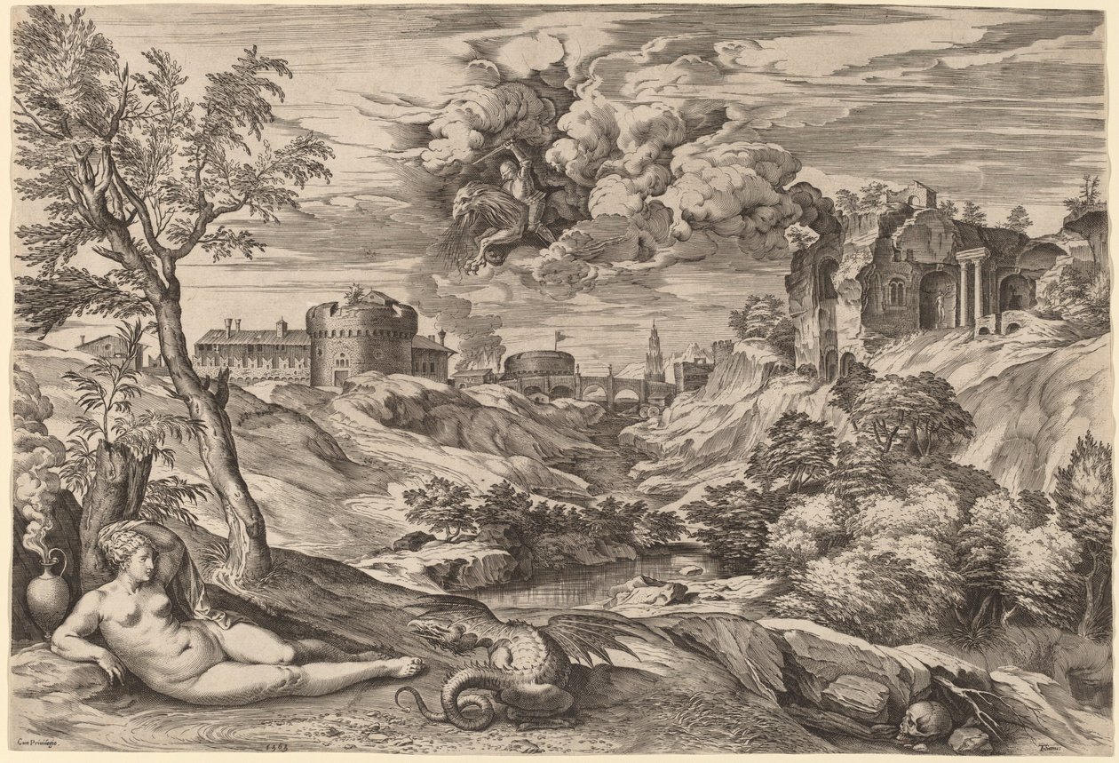 Landscape with Roger Liberating Angelica by Cornelis Cort after Titian