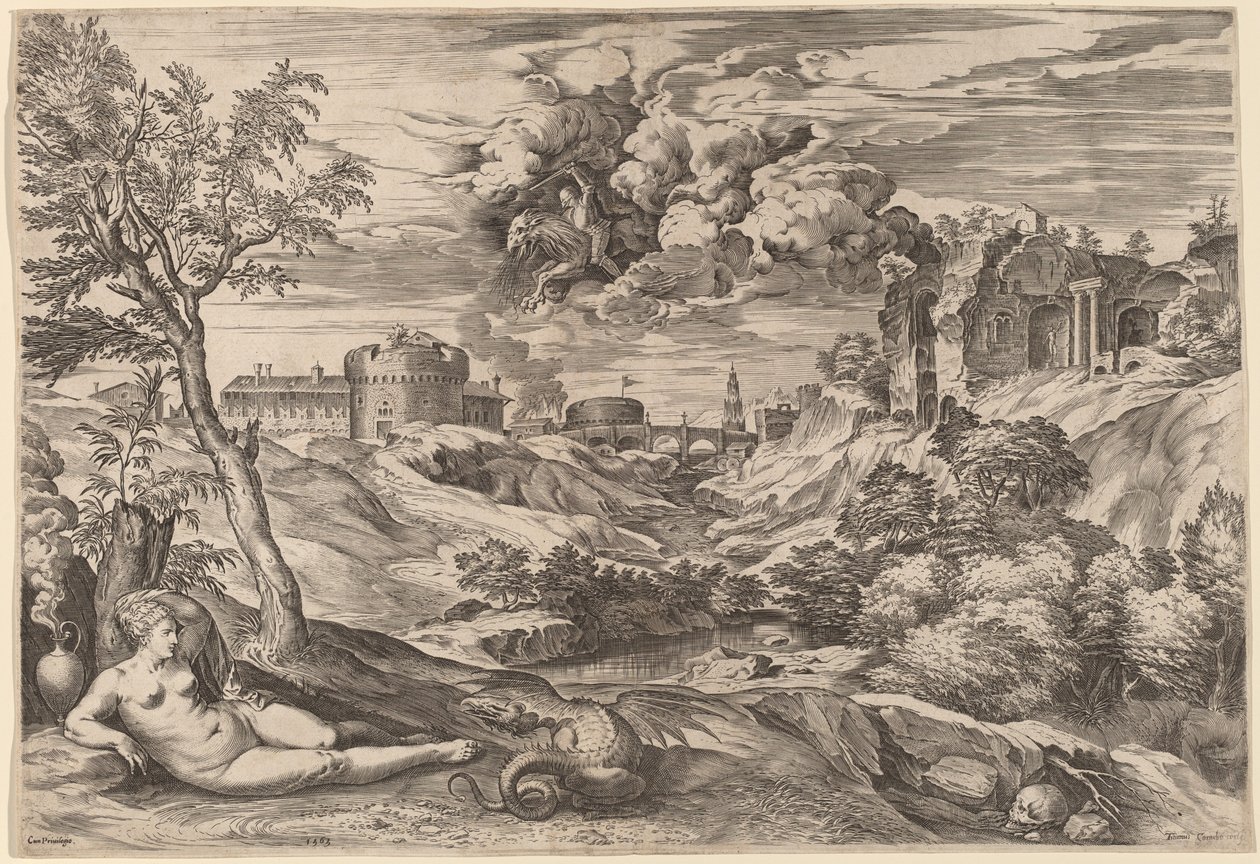 Landscape with Roger Liberating Angelica by Cornelis Cort after Titian