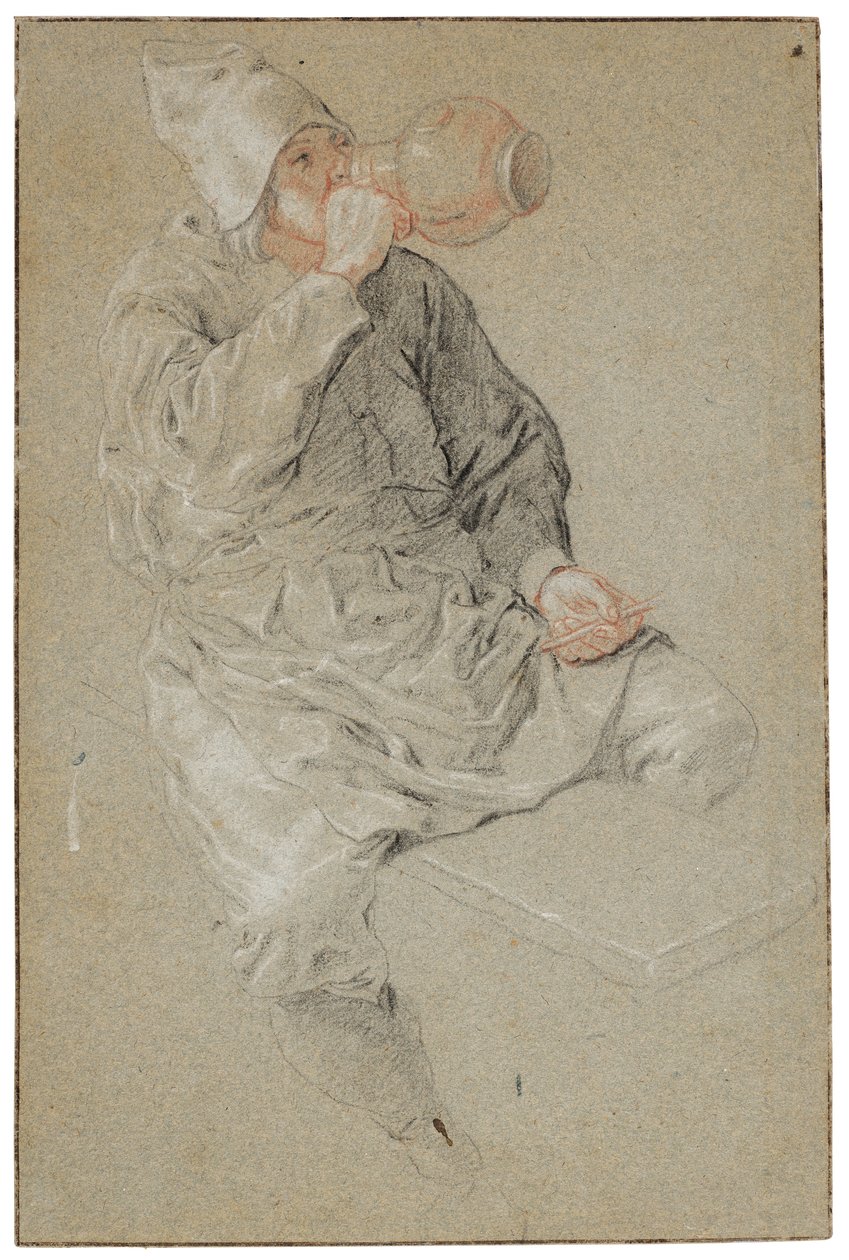 A Seated Man Drinking from an Earthenware Tankard Holding a Pipe by Cornelis Dusart