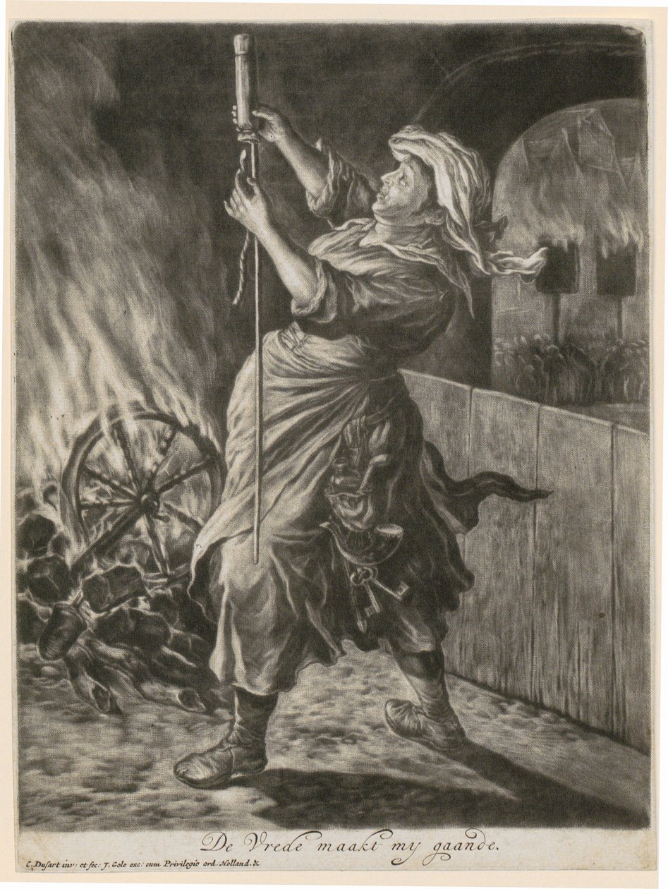 A Woman Lights a Signal Rocket, Plate 5 from the Series "General Joy over the Siege of Namur by William III, 1695" by Cornelis Dusart