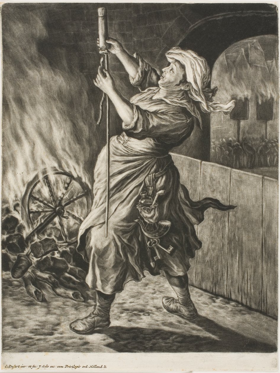 Woman Lighting a Rocket, also called Peace Gets Me Going, from Communia Gaudia by Cornelis Dusart